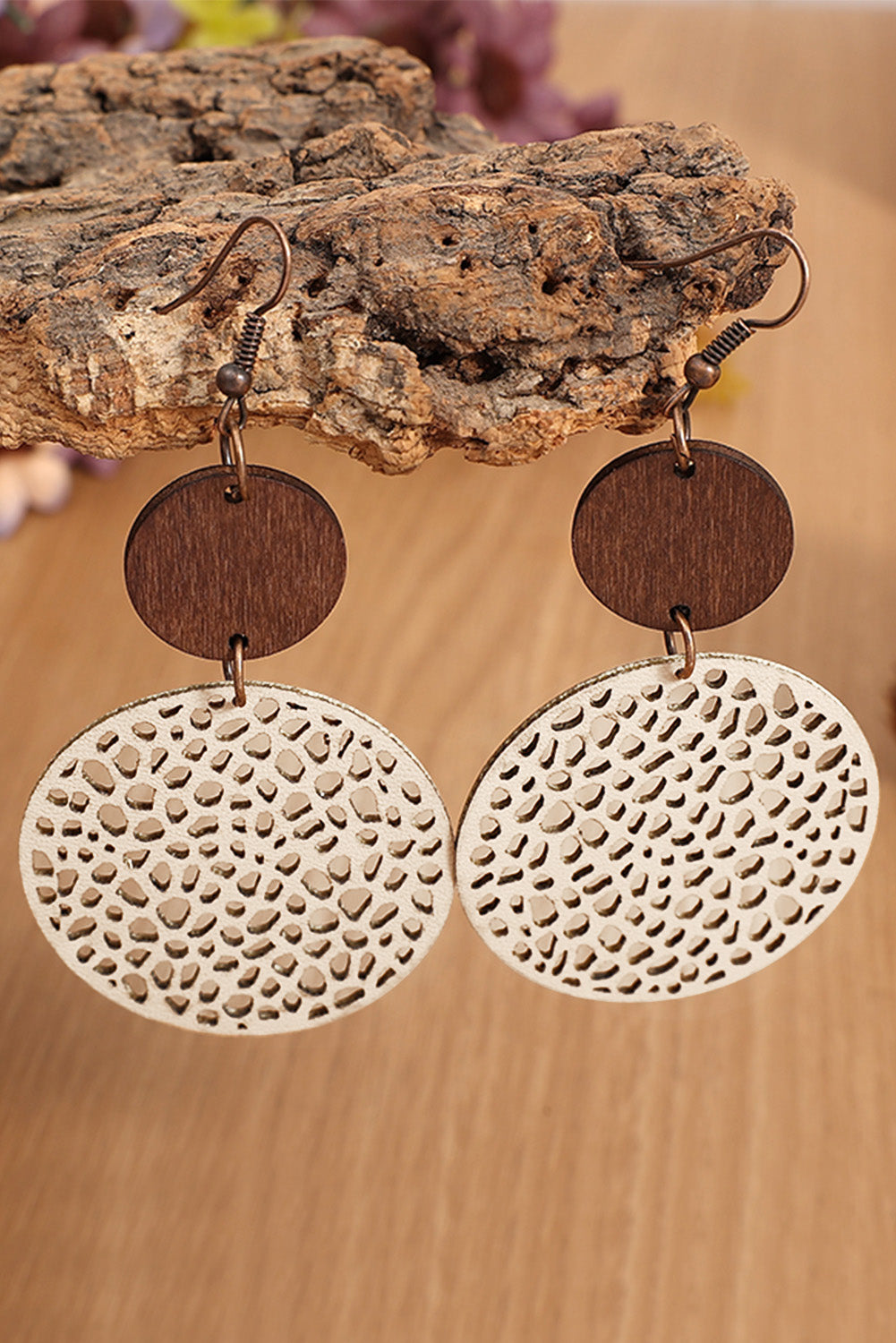 Rose Hollow Out Wooden Round Drop Earrings