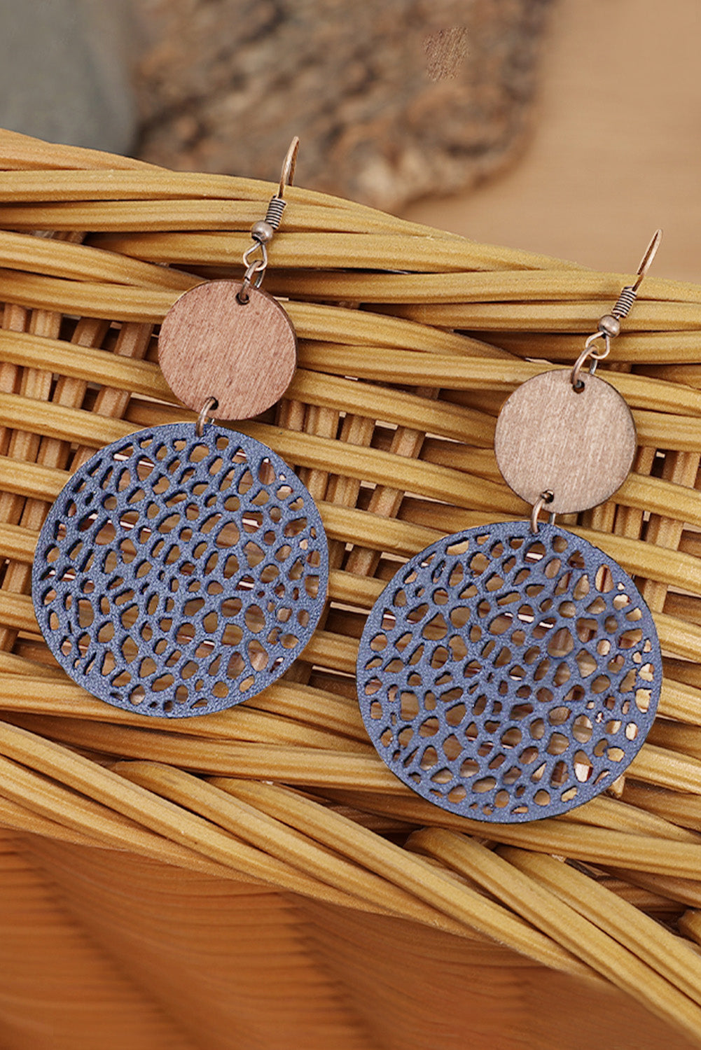 Rose Hollow Out Wooden Round Drop Earrings