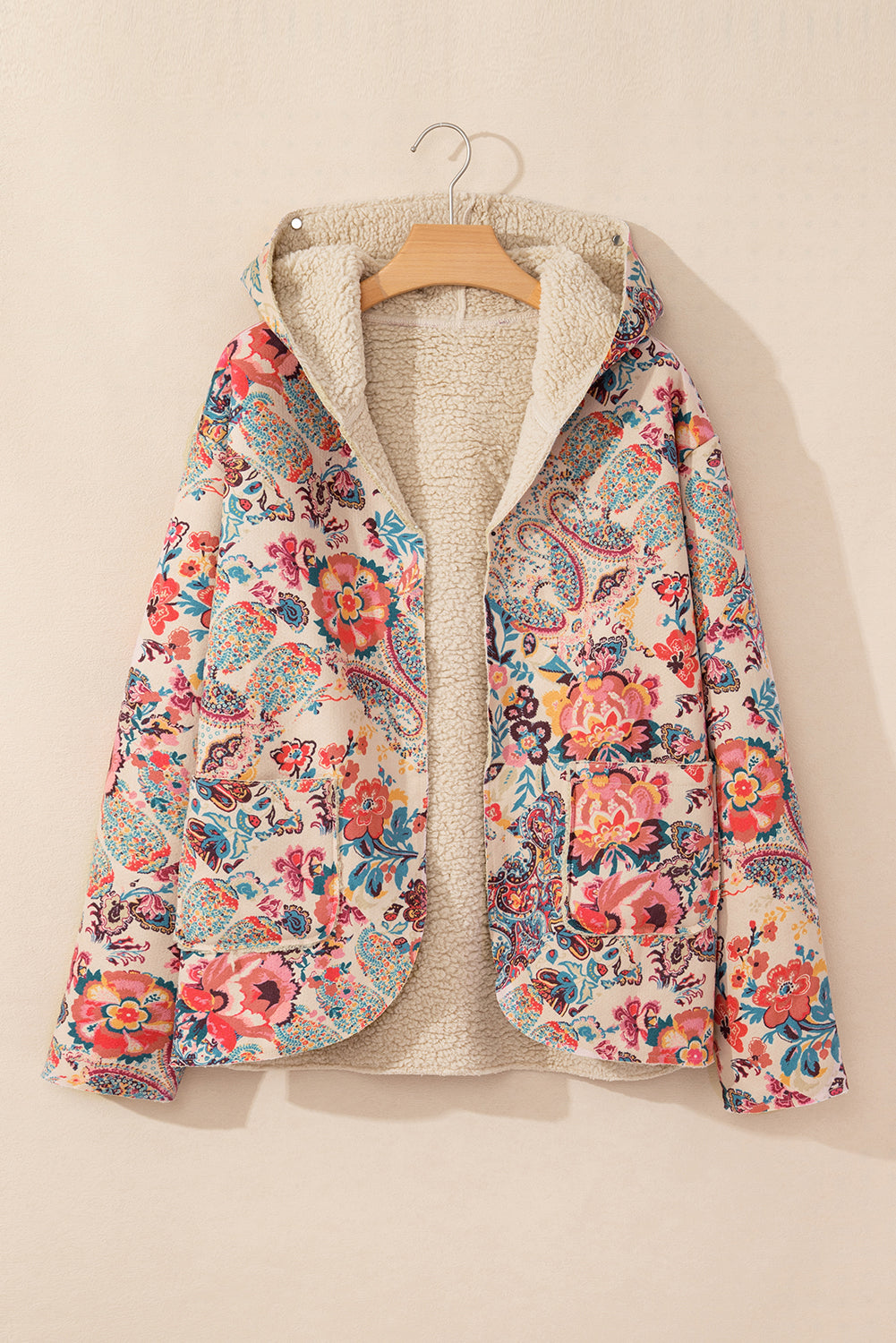 Beige Vintage Paisley Floral Printed Sherpa Lined Hooded Jacket