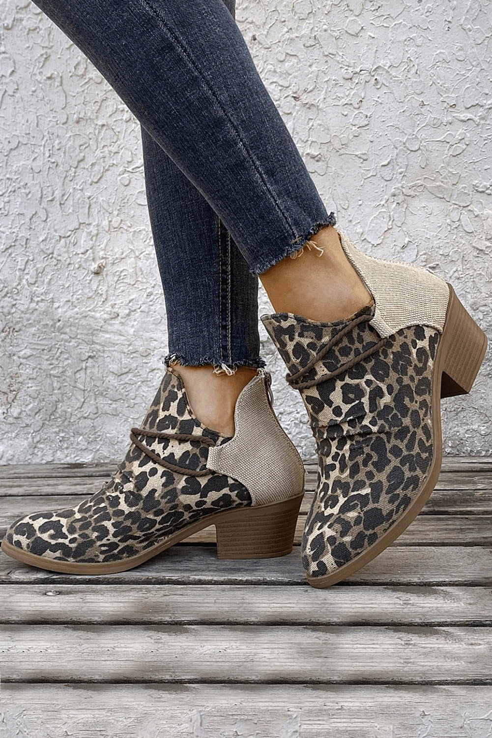 Leopard Retro Canvas Patchwork Chunky Heel Booties