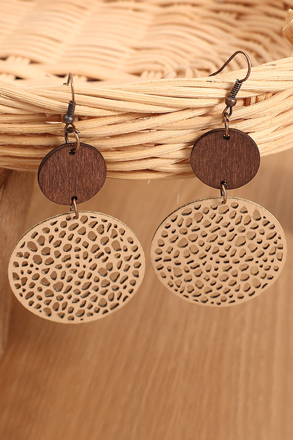 Rose Hollow Out Wooden Round Drop Earrings