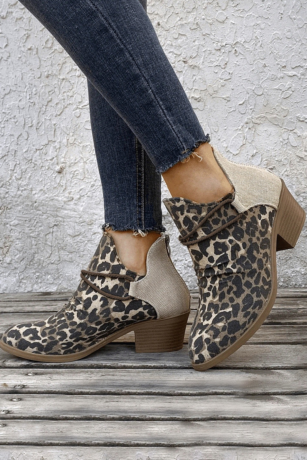 Leopard Retro Canvas Patchwork Chunky Heel Booties