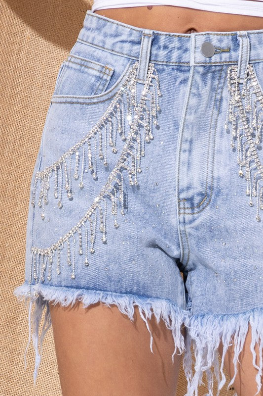 Gem Rhinestone Fringe Denim Shorts