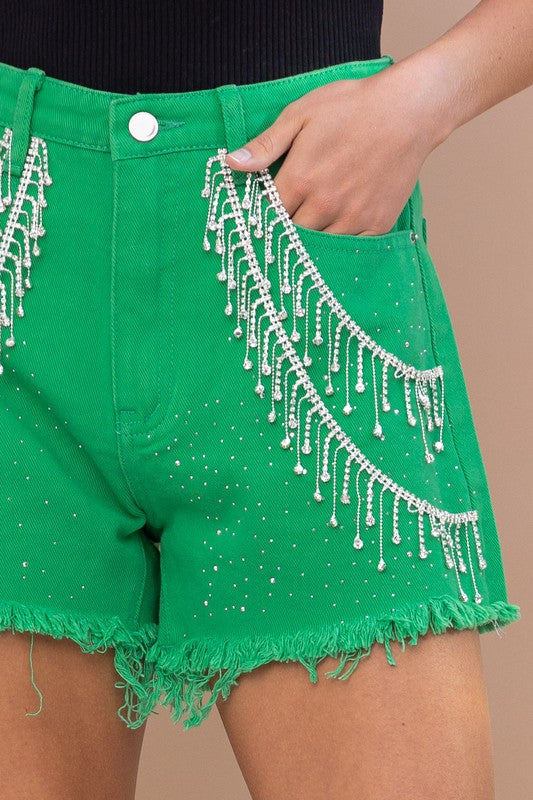 Gem Rhinestone Fringe Denim Shorts