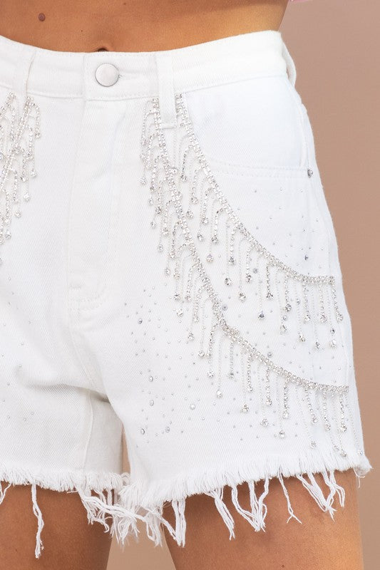 Gem Rhinestone Fringe Denim Shorts