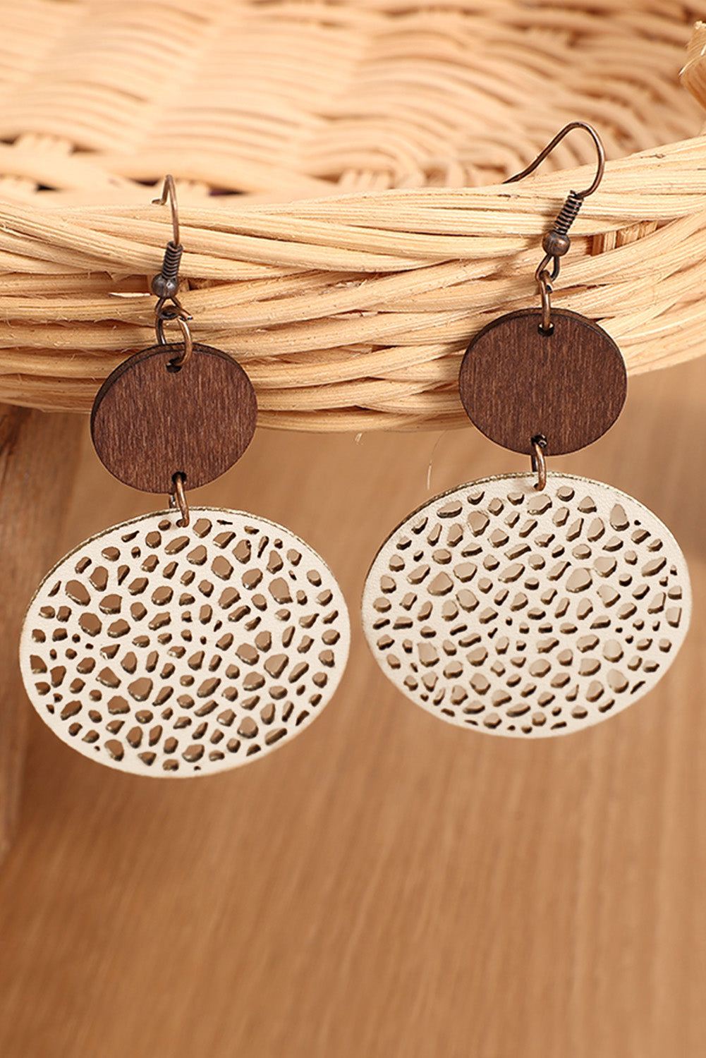 Rose Hollow Out Wooden Round Drop Earrings