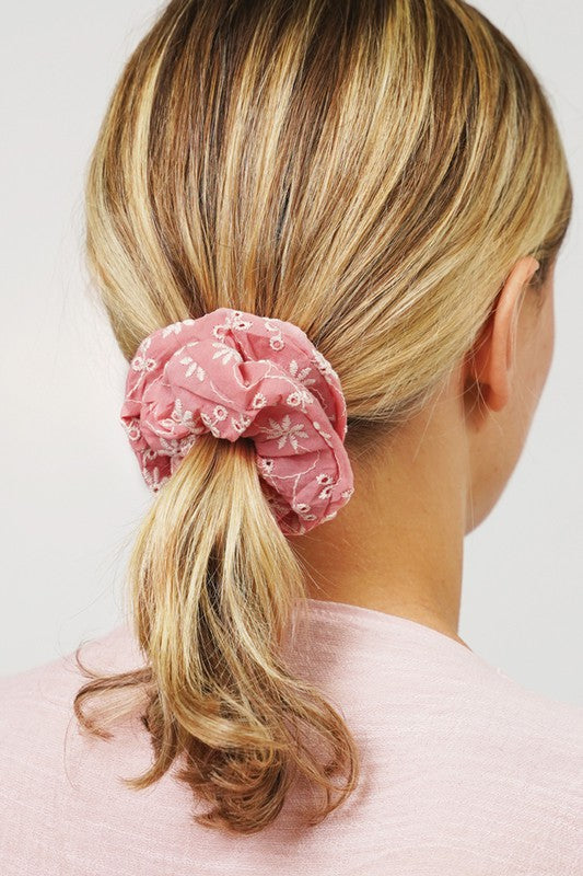 Embroidered Flower Hair Scrunchie