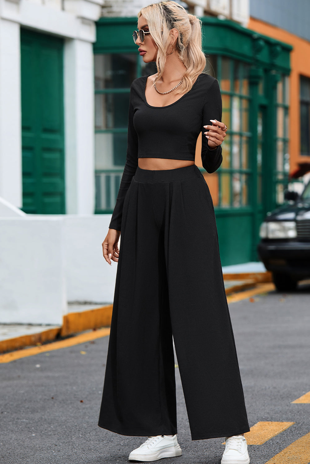 Black Solid Color Ribbed Crop Top Long Pants Set