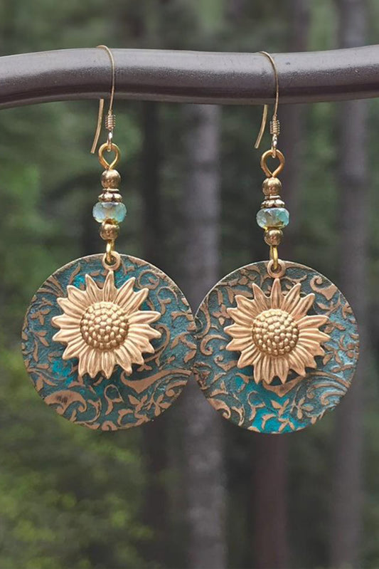 Real Teal Retro Sunflower Disc Alloy Dangle Earrings