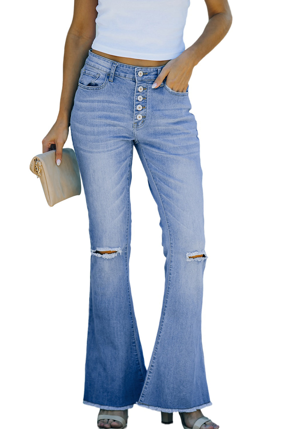 High Rise Distressed Bell Bottom Denims