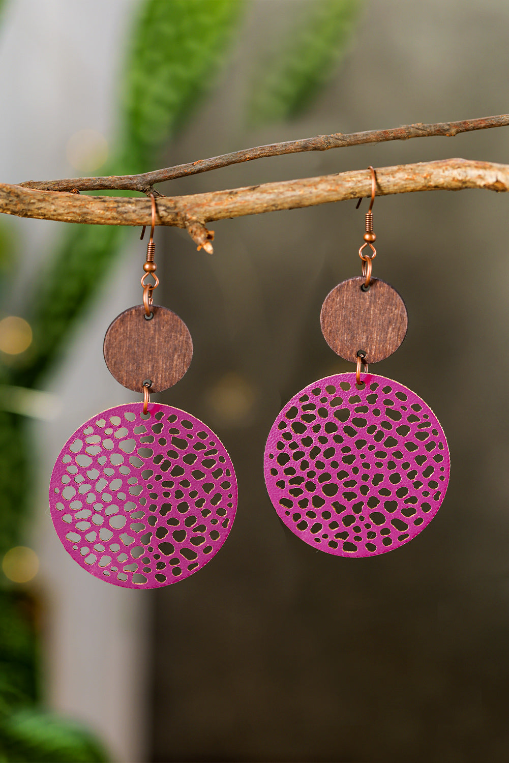 Rose Hollow Out Wooden Round Drop Earrings