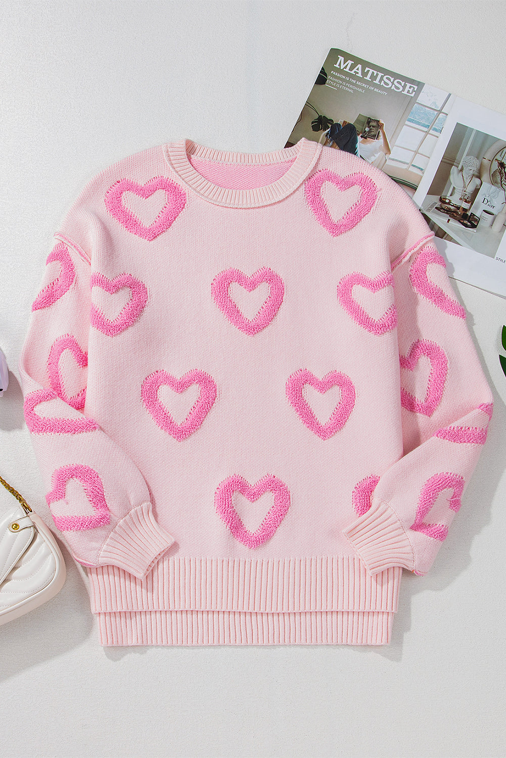 Pink Heart Shape Bubble Sleeve Baggy Sweater