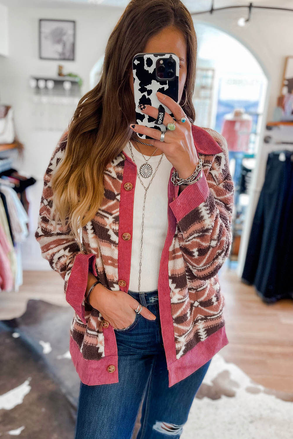 Pink Western Sherpa Corduroy Trim Jacket