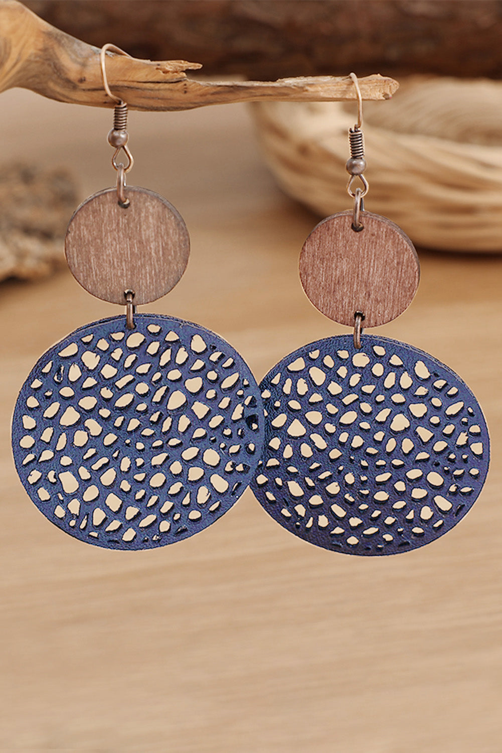 Rose Hollow Out Wooden Round Drop Earrings