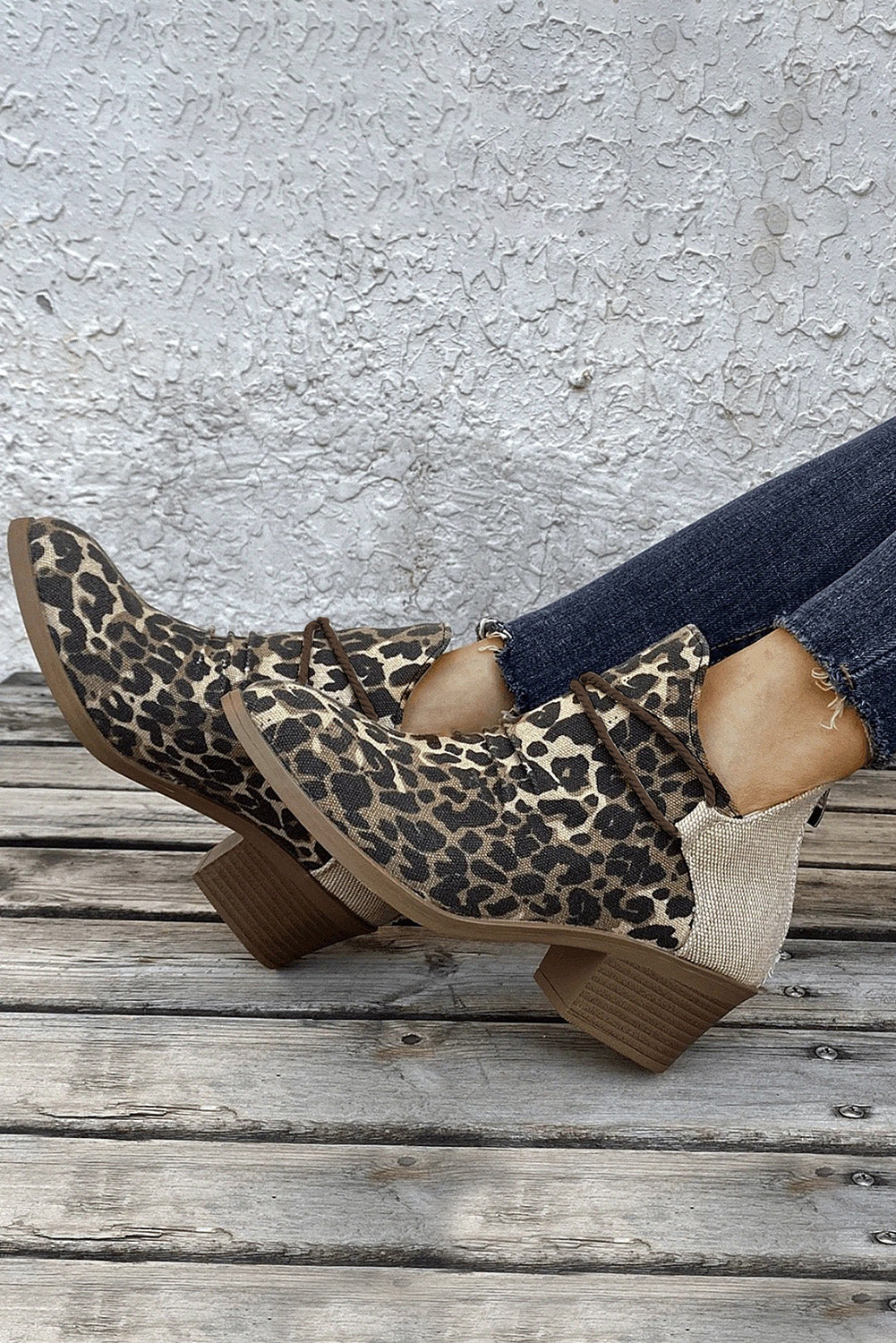 Leopard Retro Canvas Patchwork Chunky Heel Booties