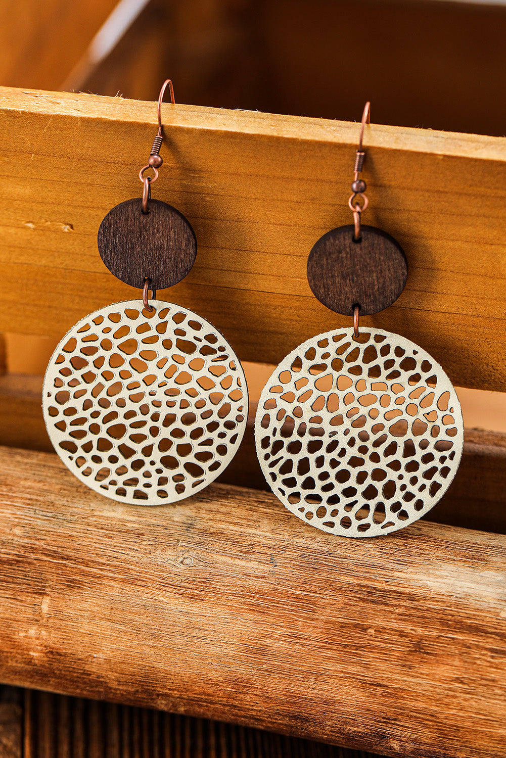 Rose Hollow Out Wooden Round Drop Earrings