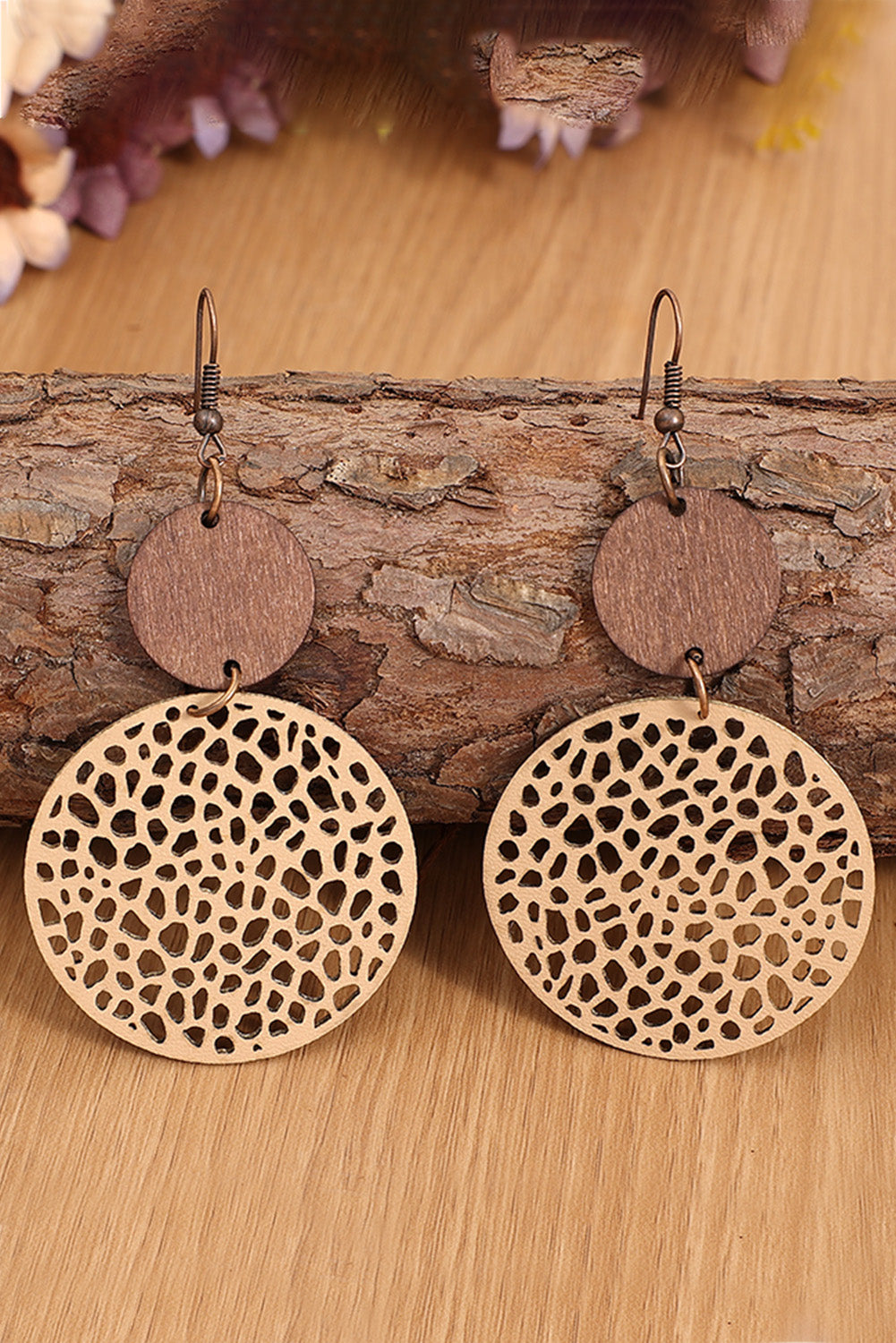 Rose Hollow Out Wooden Round Drop Earrings