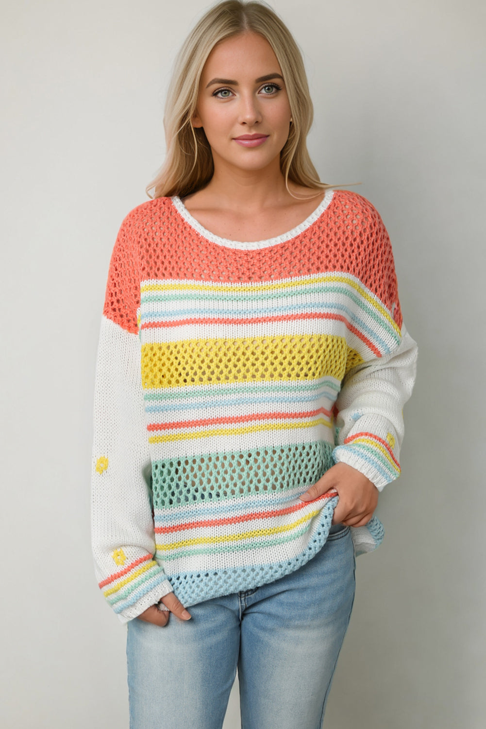 Multicolor Hollow Striped Knit Contrast Sleeve Sweater