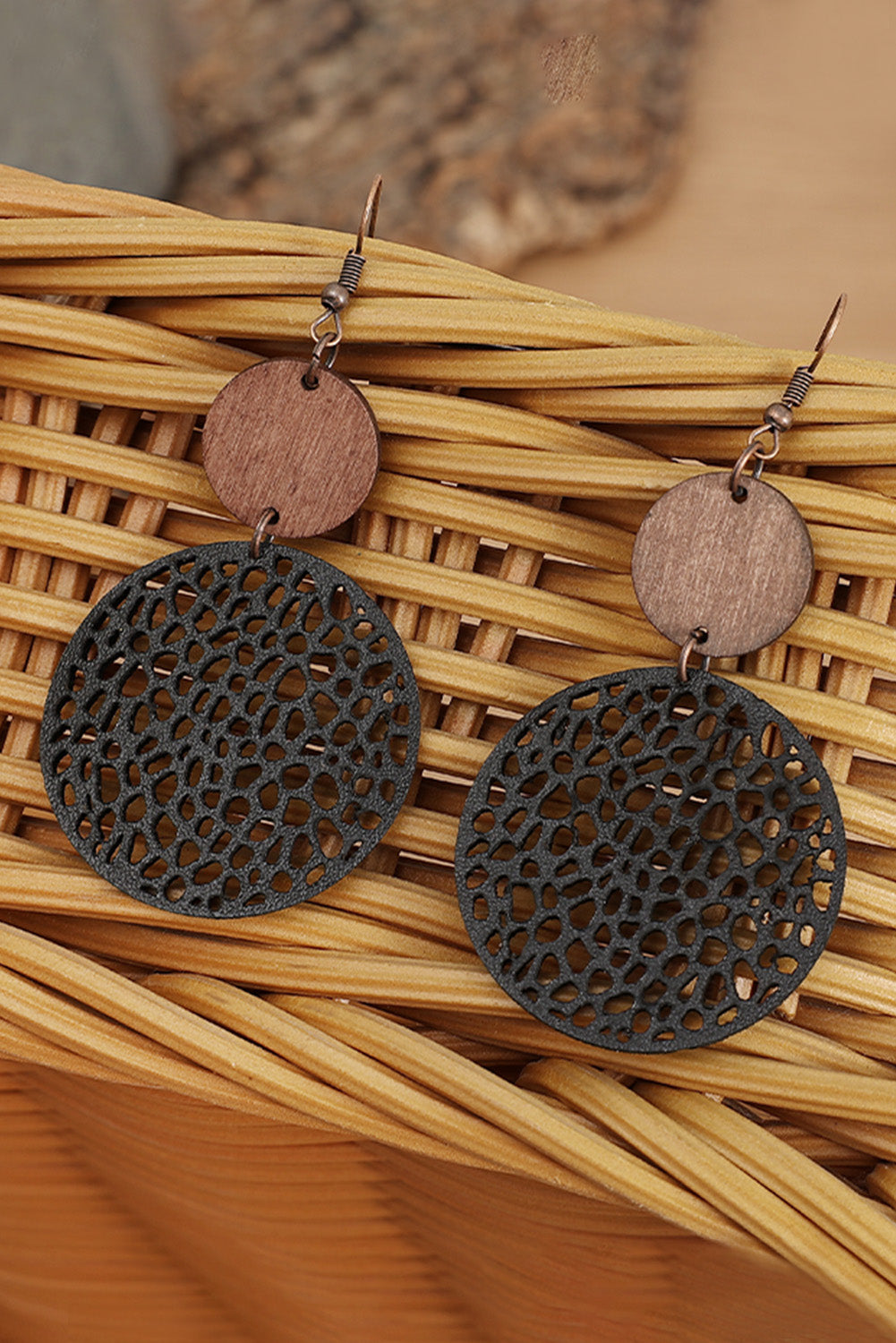 Rose Hollow Out Wooden Round Drop Earrings