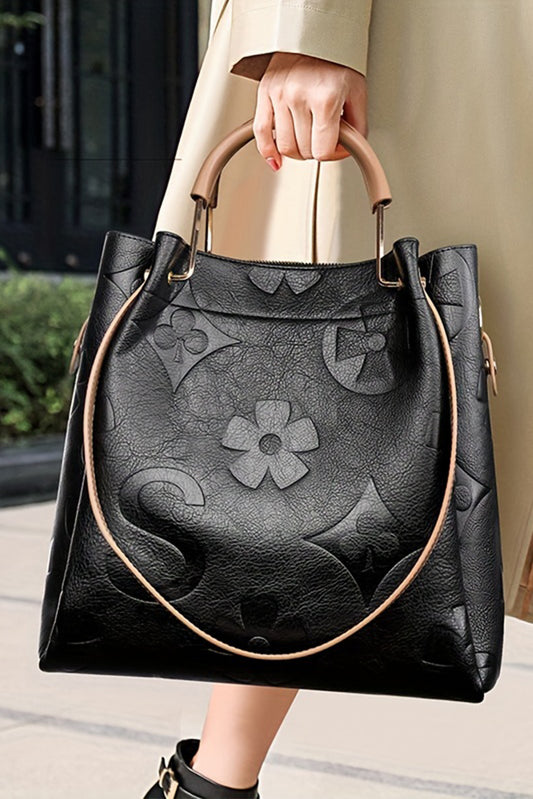 Black Embossed Leather Multi-functional Shoulder Bag with Handle