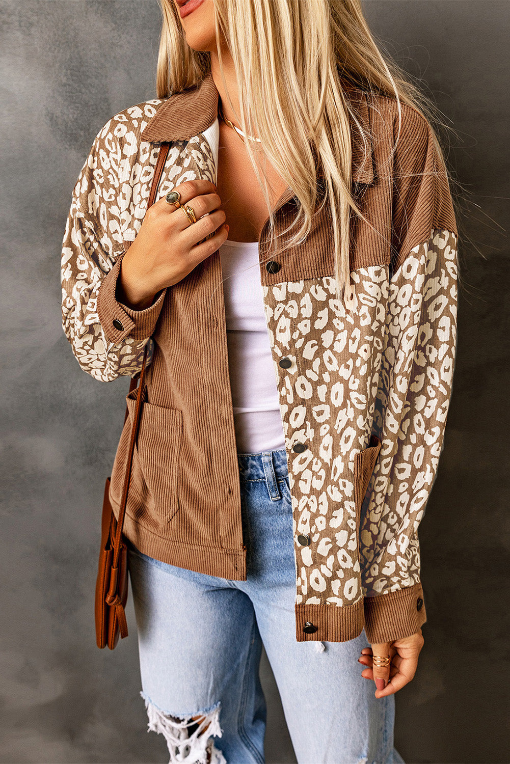 Leopard Print Corduroy Long Sleeve Jacket