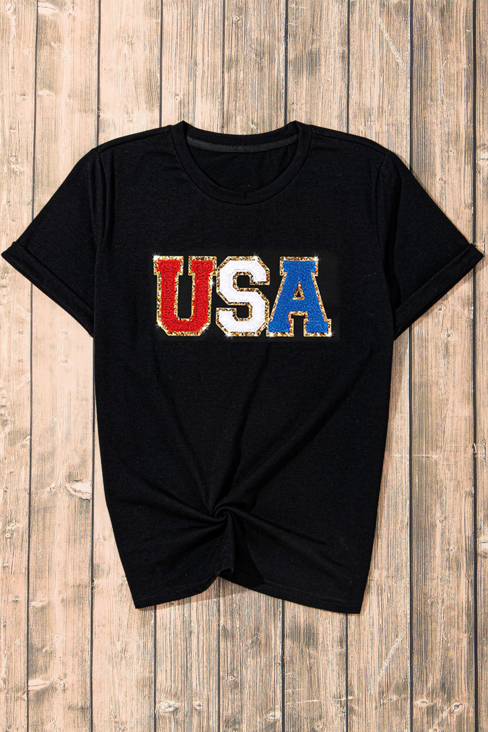 Black Glitter Trim Chenille USA Graphic T Shirt