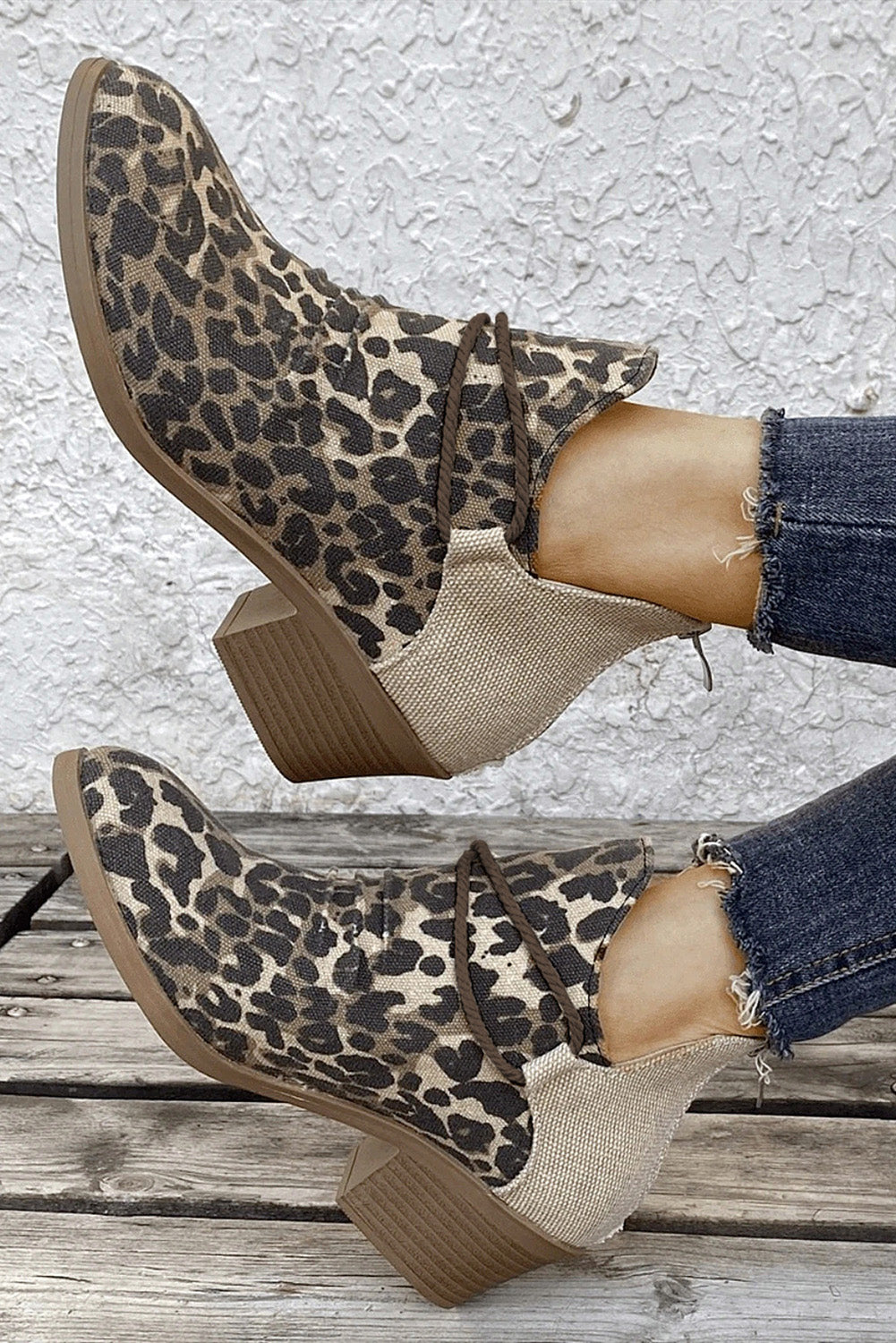 Leopard Retro Canvas Patchwork Chunky Heel Booties