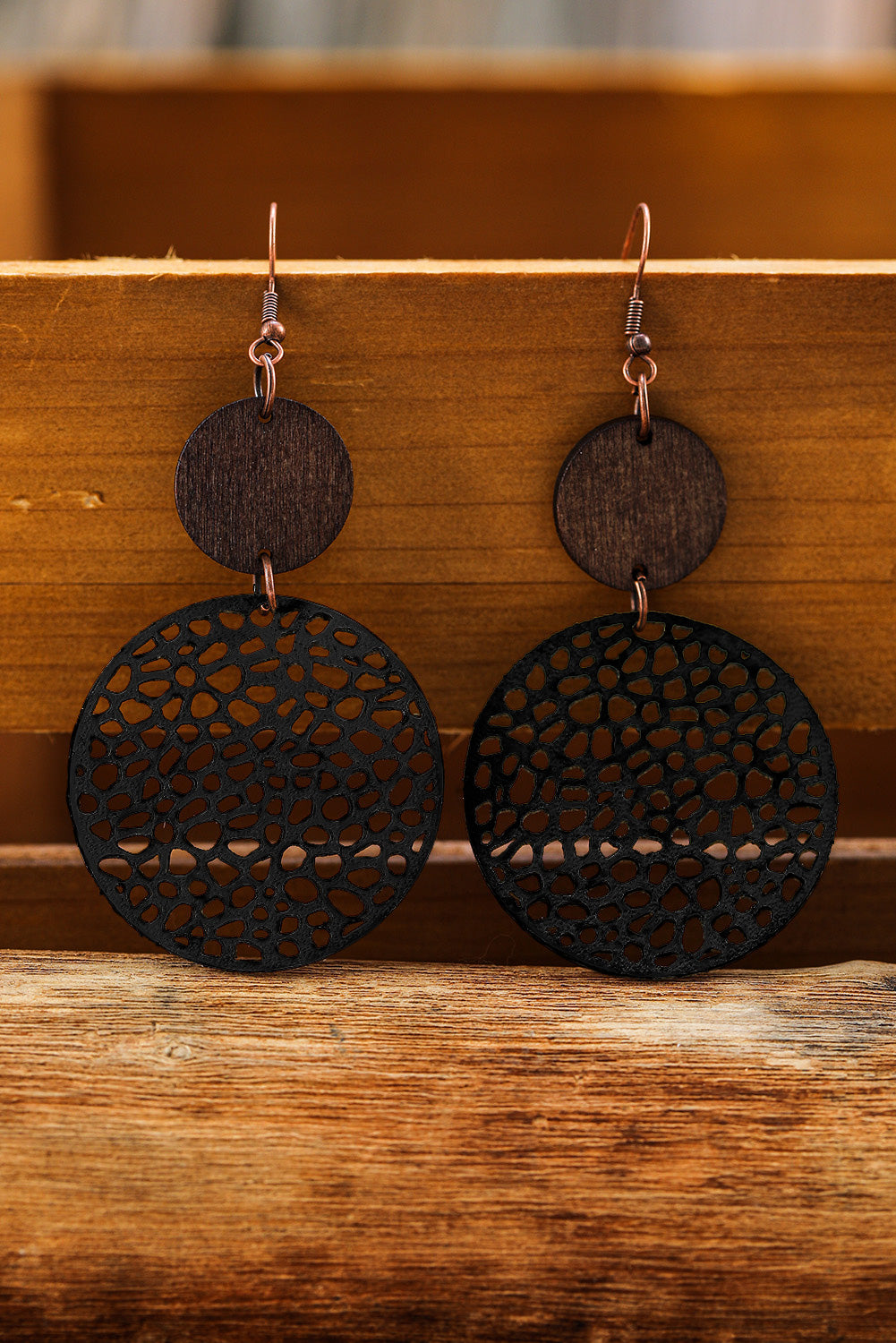 Rose Hollow Out Wooden Round Drop Earrings