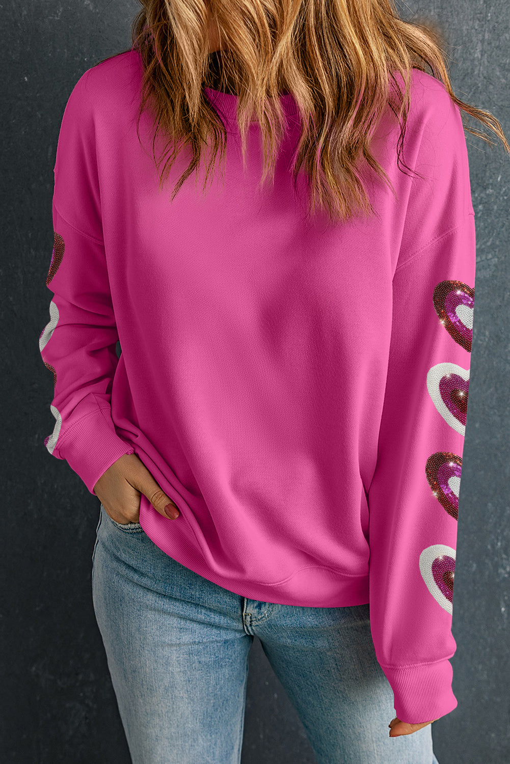 Bonbon Sequined Heart Patched Drop Shoulder Valentines Sweatshirt