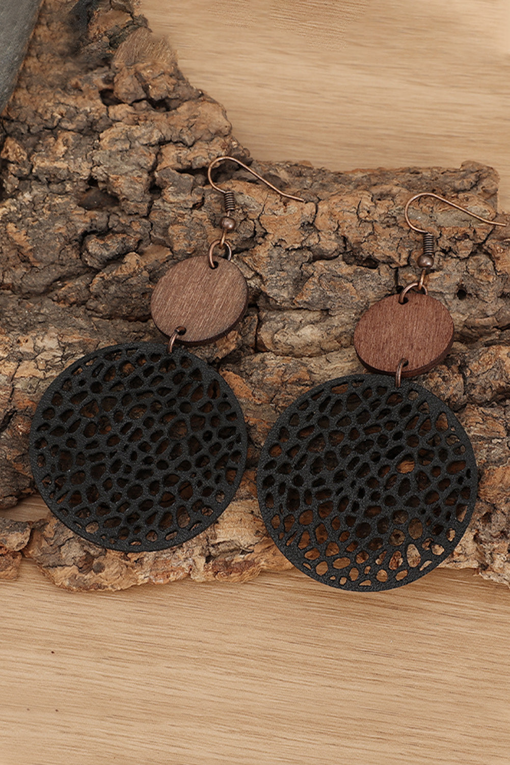 Rose Hollow Out Wooden Round Drop Earrings