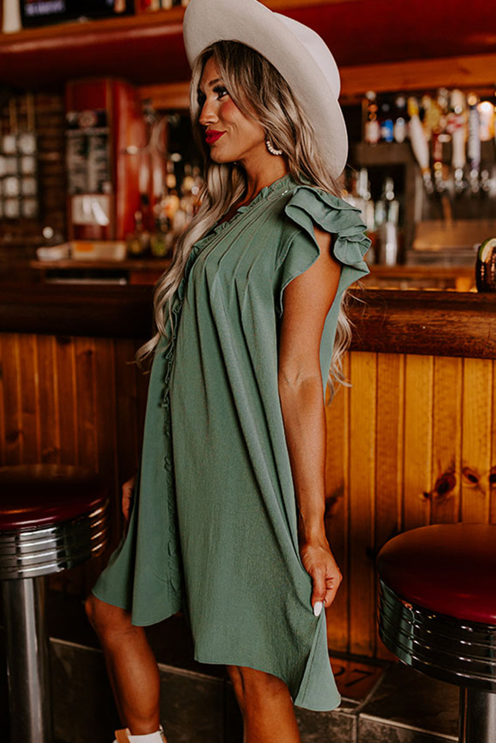 Mist Green Ruffle Sleeve V Neck Frilled Shift Dress