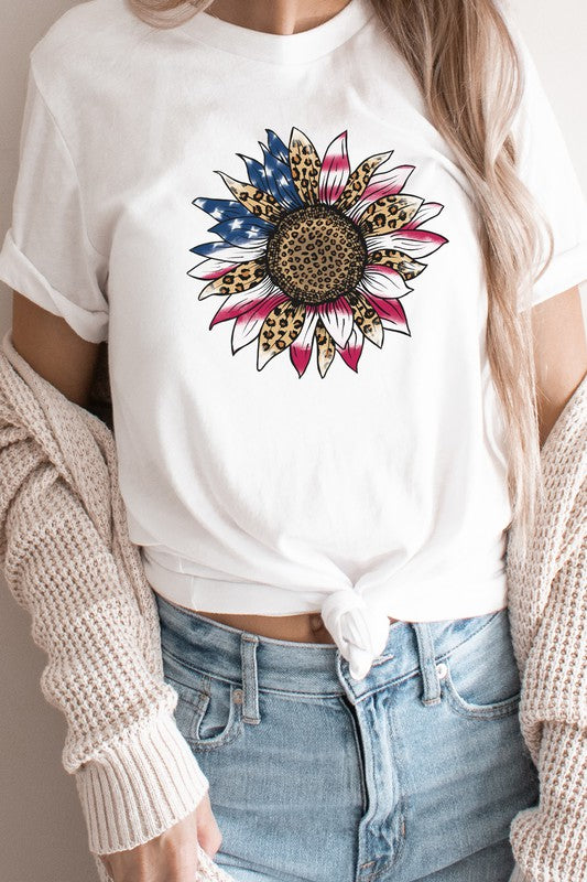 American Flag Sunflower Leopard Print Graphic Tee