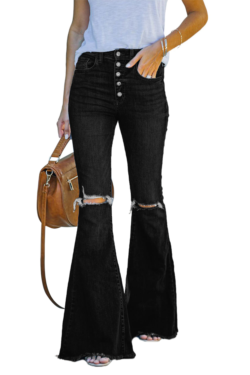 High Rise Distressed Bell Bottom Denims