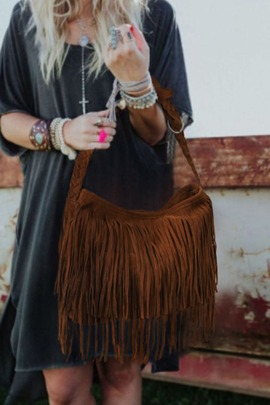 Faux Suede Fringe Braid Shoulder Strap Bag