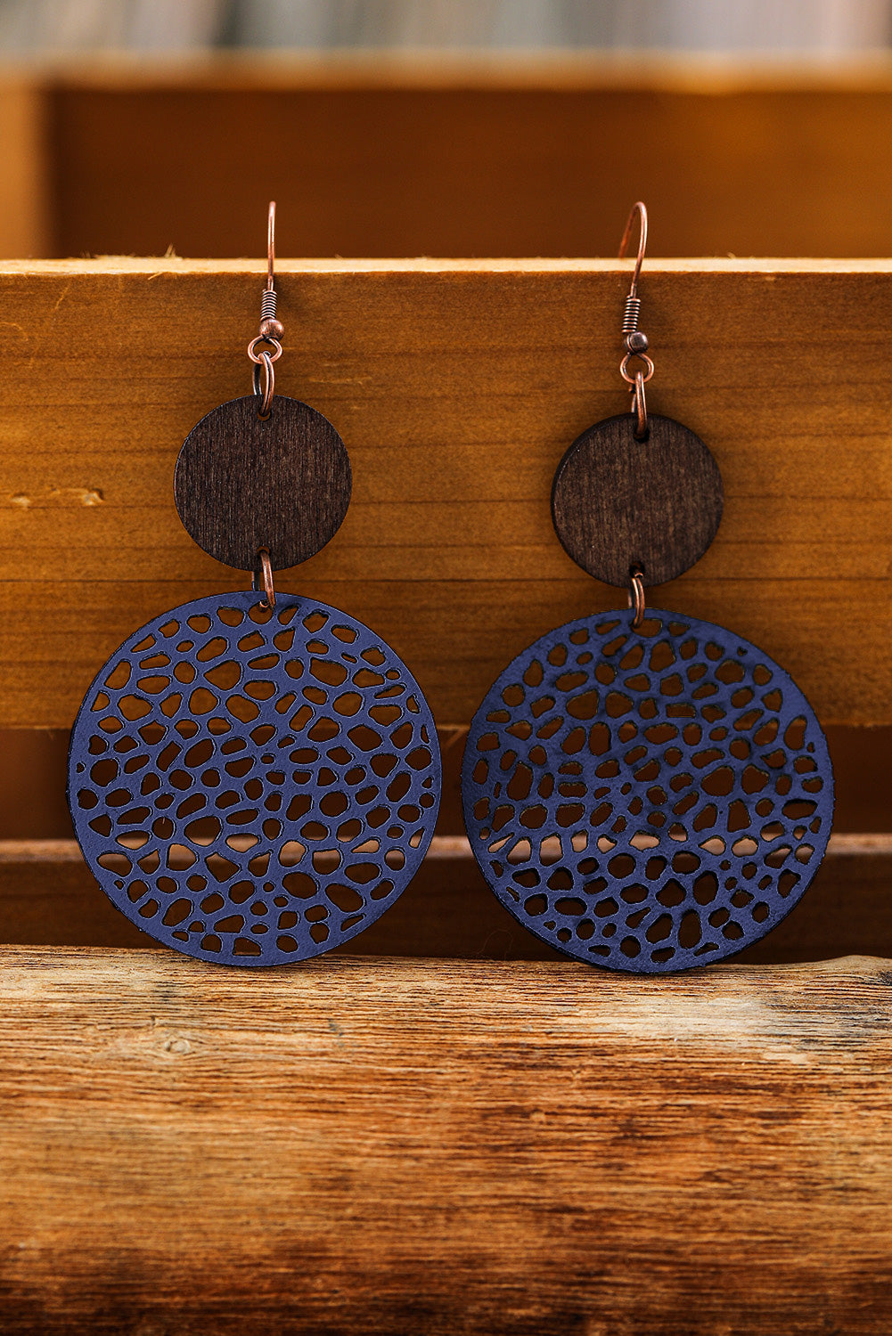 Rose Hollow Out Wooden Round Drop Earrings