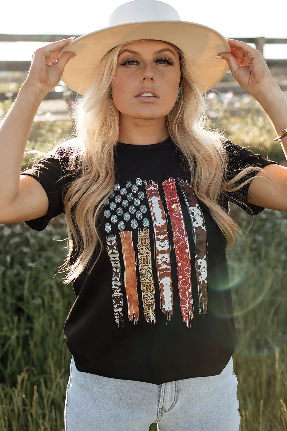 Western American Flag Print Short Sleeve Graphic Tee