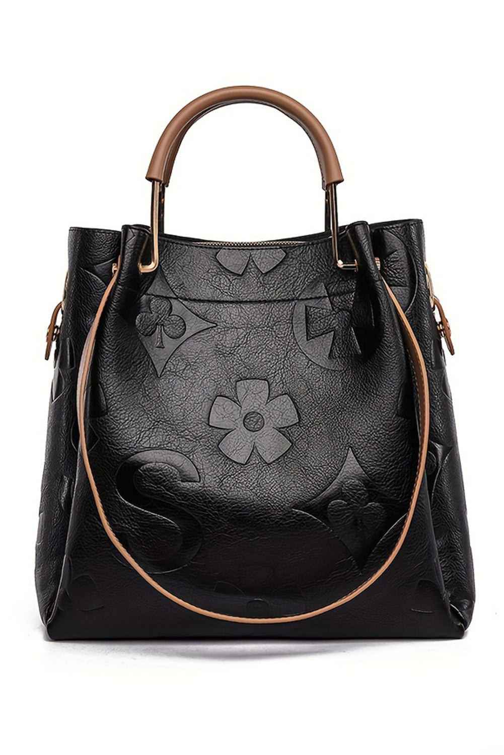 Black Embossed Leather Multi-functional Shoulder Bag with Handle