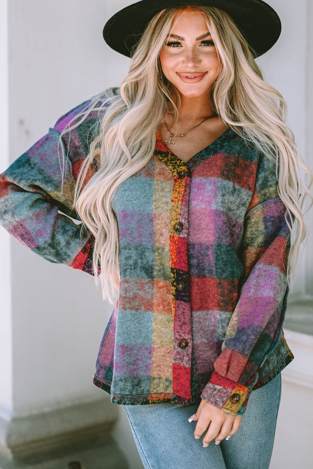 Multicolor Brushed Checked Western Buttoned Jacket