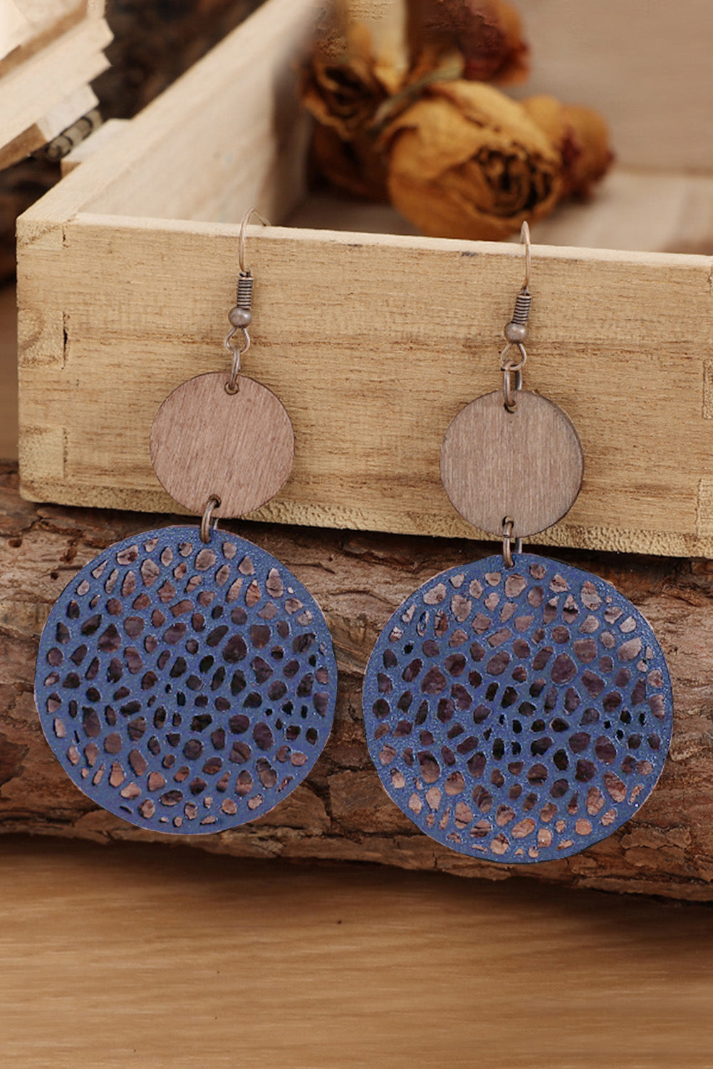 Rose Hollow Out Wooden Round Drop Earrings