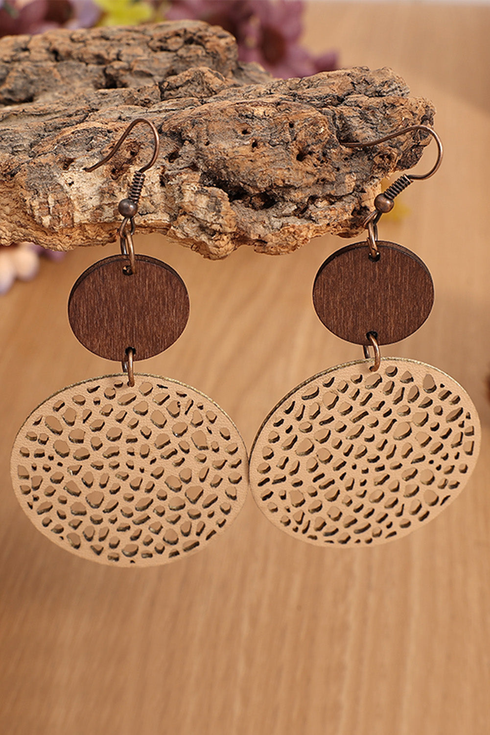 Rose Hollow Out Wooden Round Drop Earrings