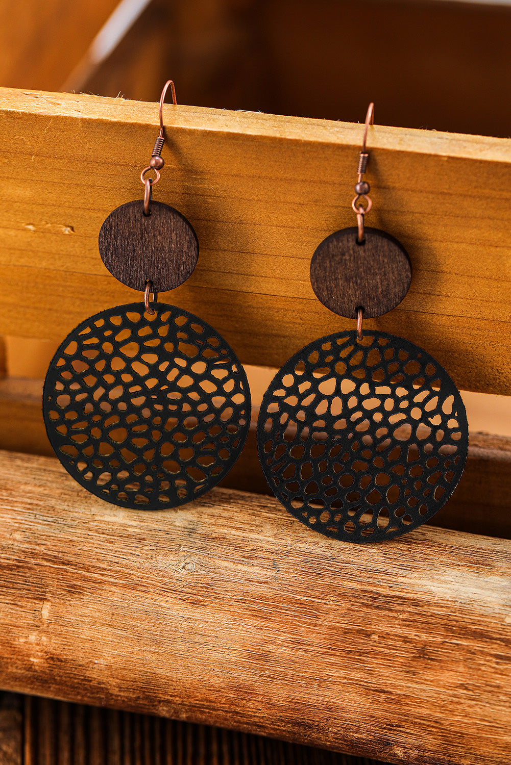 Rose Hollow Out Wooden Round Drop Earrings