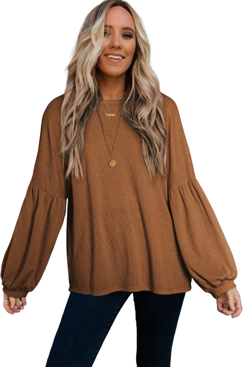 Orange Faux Knit Jacquard Puffy Long Sleeve Top – The Pink