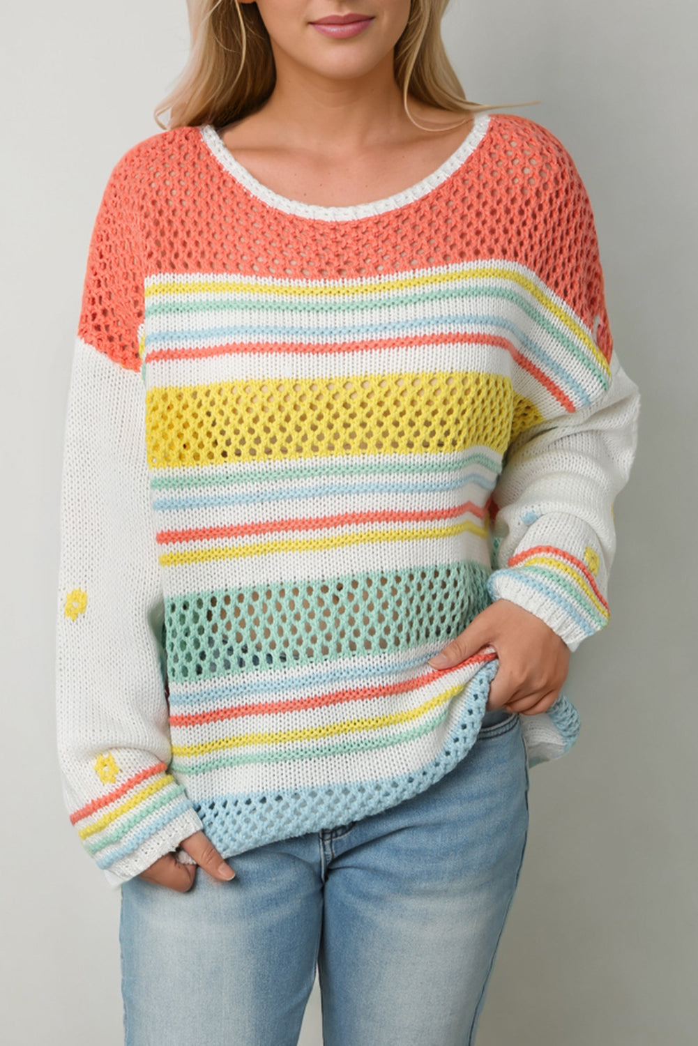 Multicolor Hollow Striped Knit Contrast Sleeve Sweater