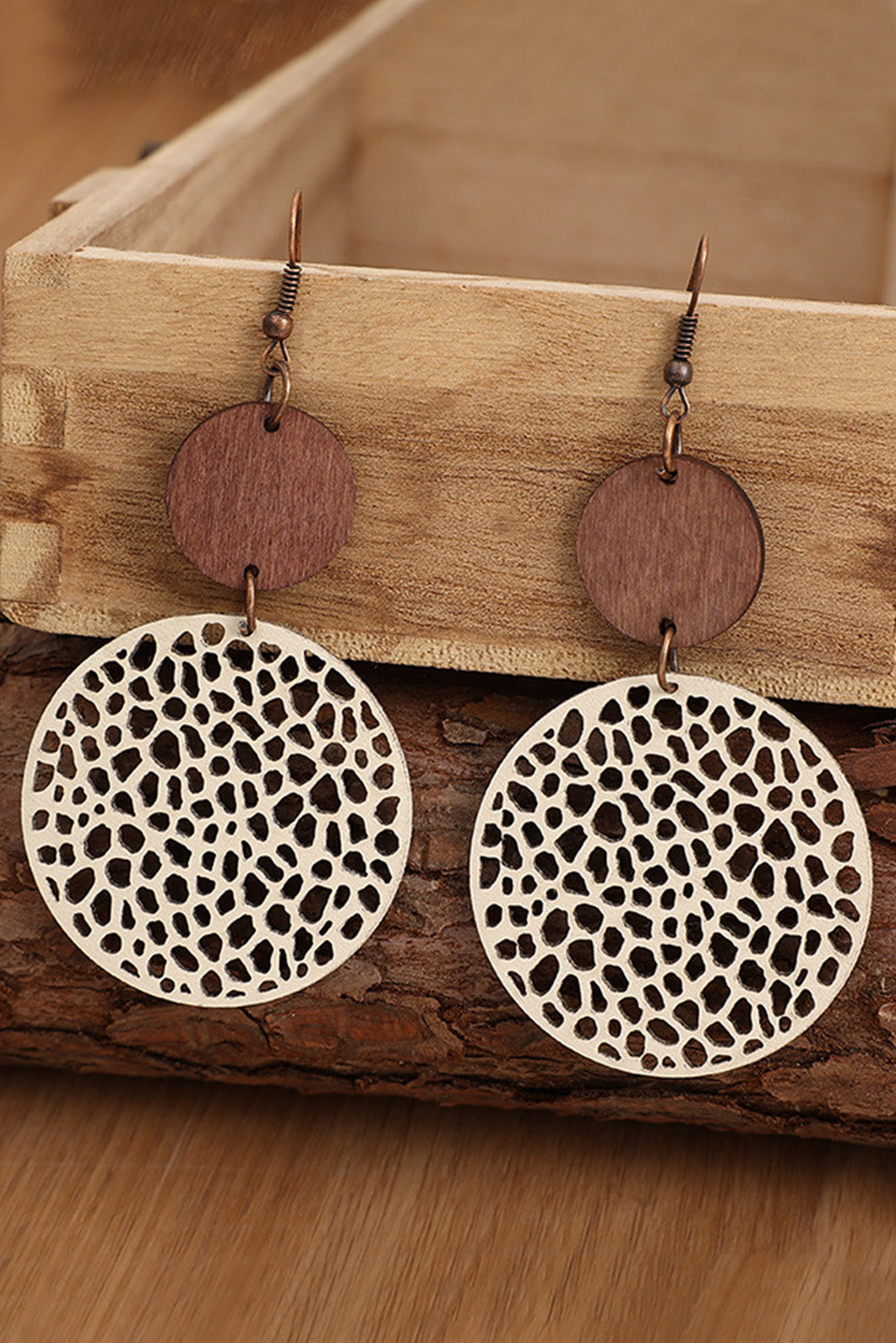 Rose Hollow Out Wooden Round Drop Earrings