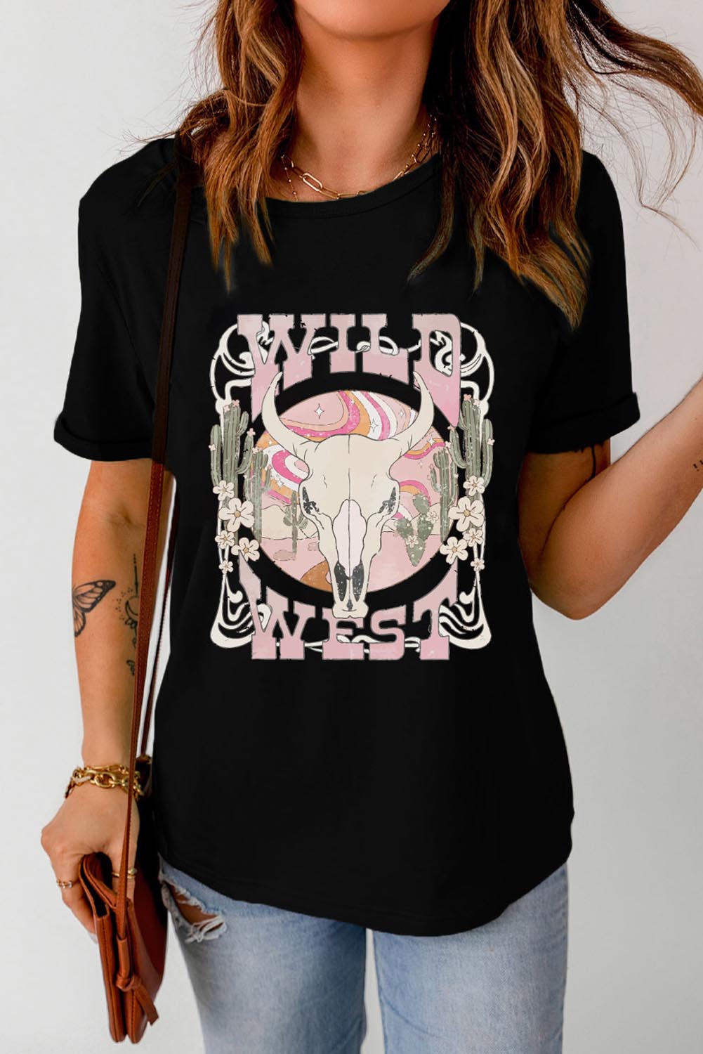 WILD WEST Steer Graphic Print Short Sleeve T Shirt