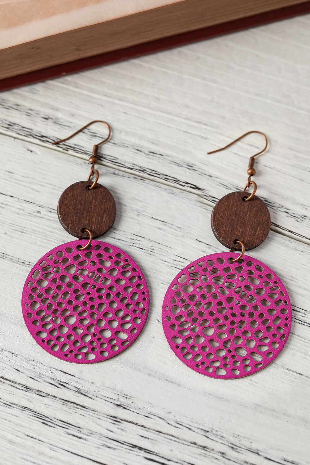 Rose Hollow Out Wooden Round Drop Earrings