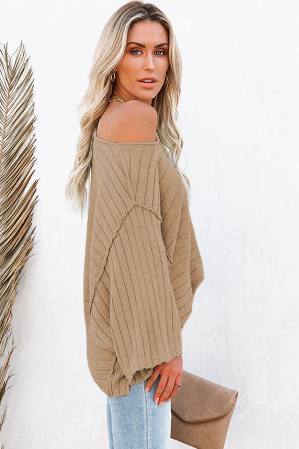 Apricot Exposed Seam Ribbed Knit Dolman Sweater