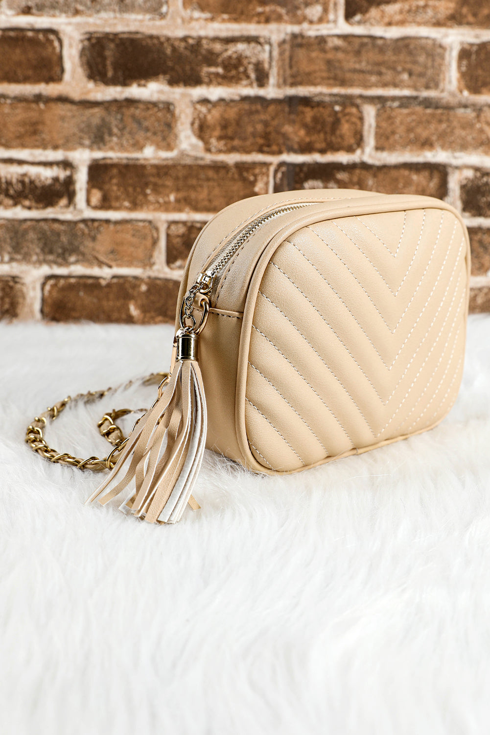 Oatmeal Chevron Stitch PU Leather Chain Strap Shoulder Bag