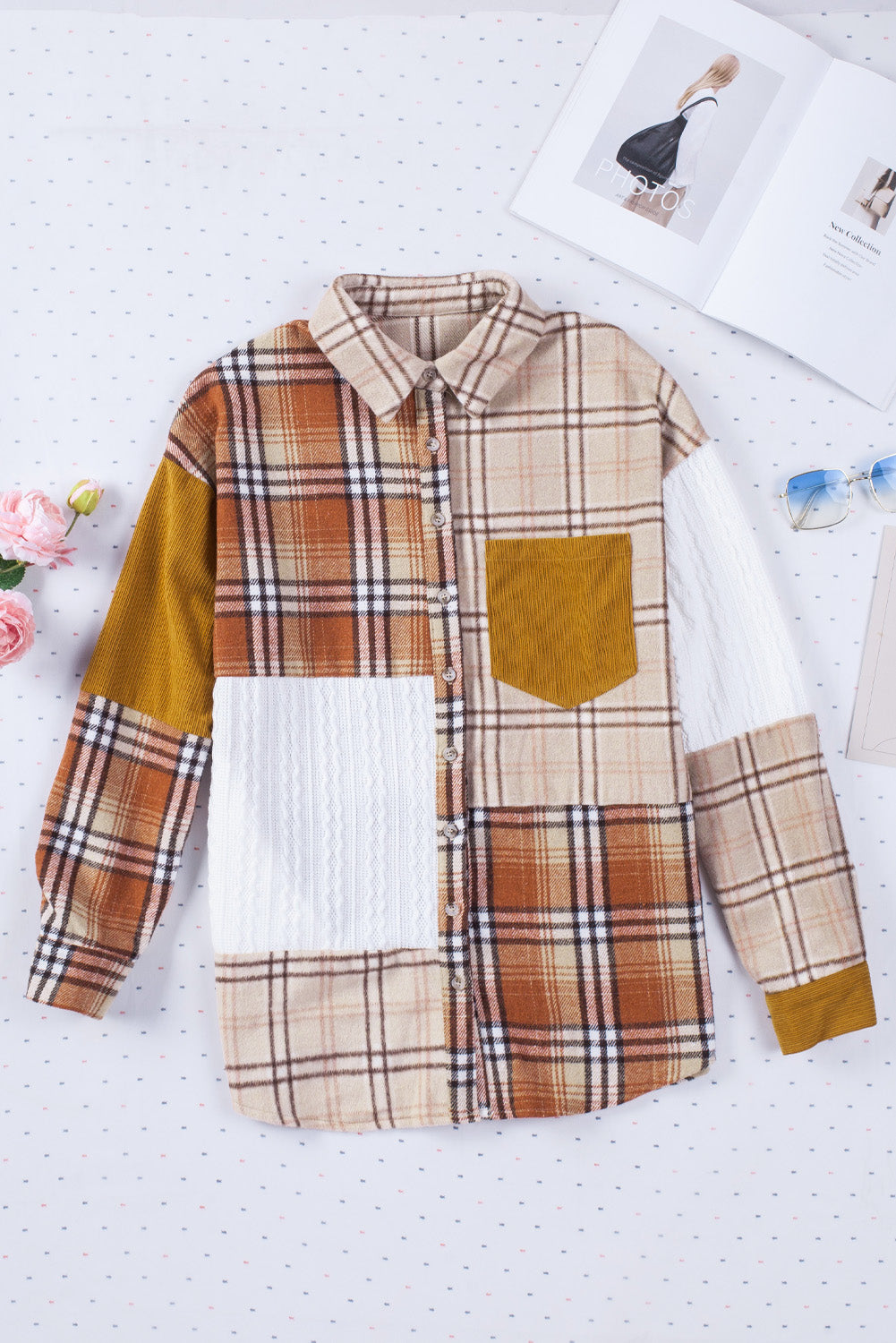 Orange Plaid Color Block Patchwork Shirt Jacket with Pocket