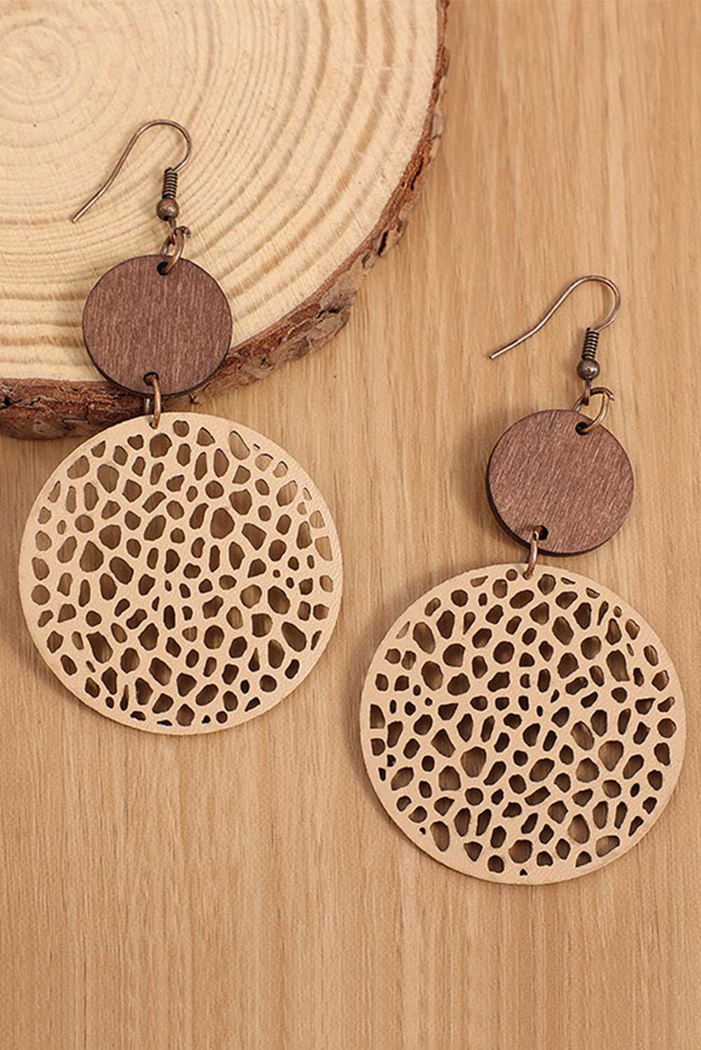 Rose Hollow Out Wooden Round Drop Earrings